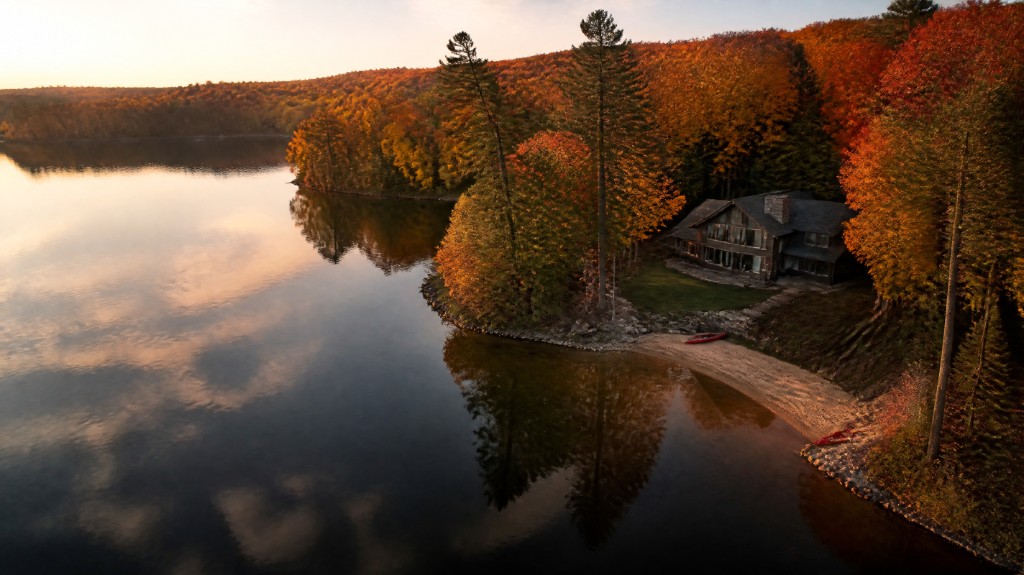 Lakeside family retreat at sunset