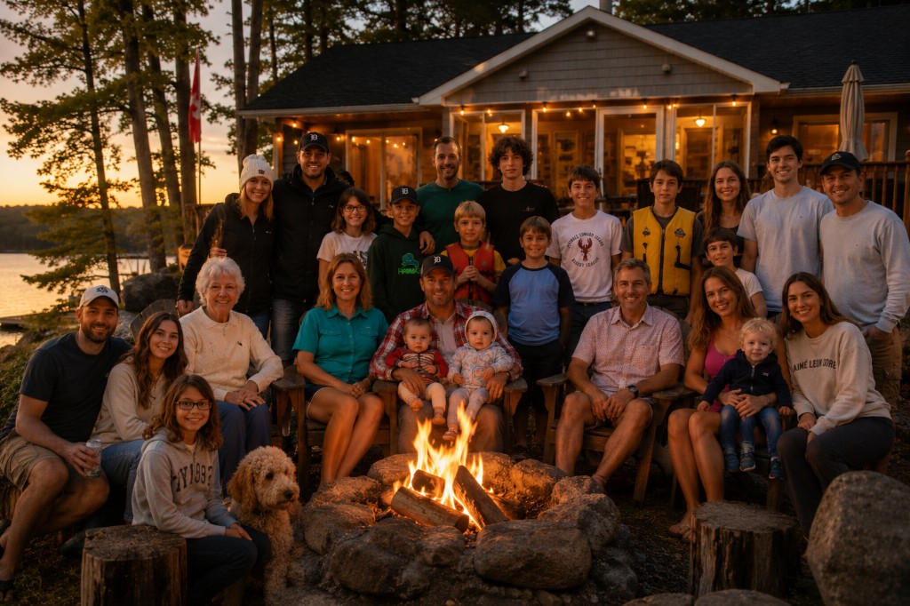 Multi-generational family gathered around a campfire at the lakeside cottage